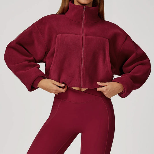 Giacca da yoga invernale da donna a maniche lunghe colletto rialzato giacca con coulisse in pile caldo antivento da corsa con giacca sportiva in pile