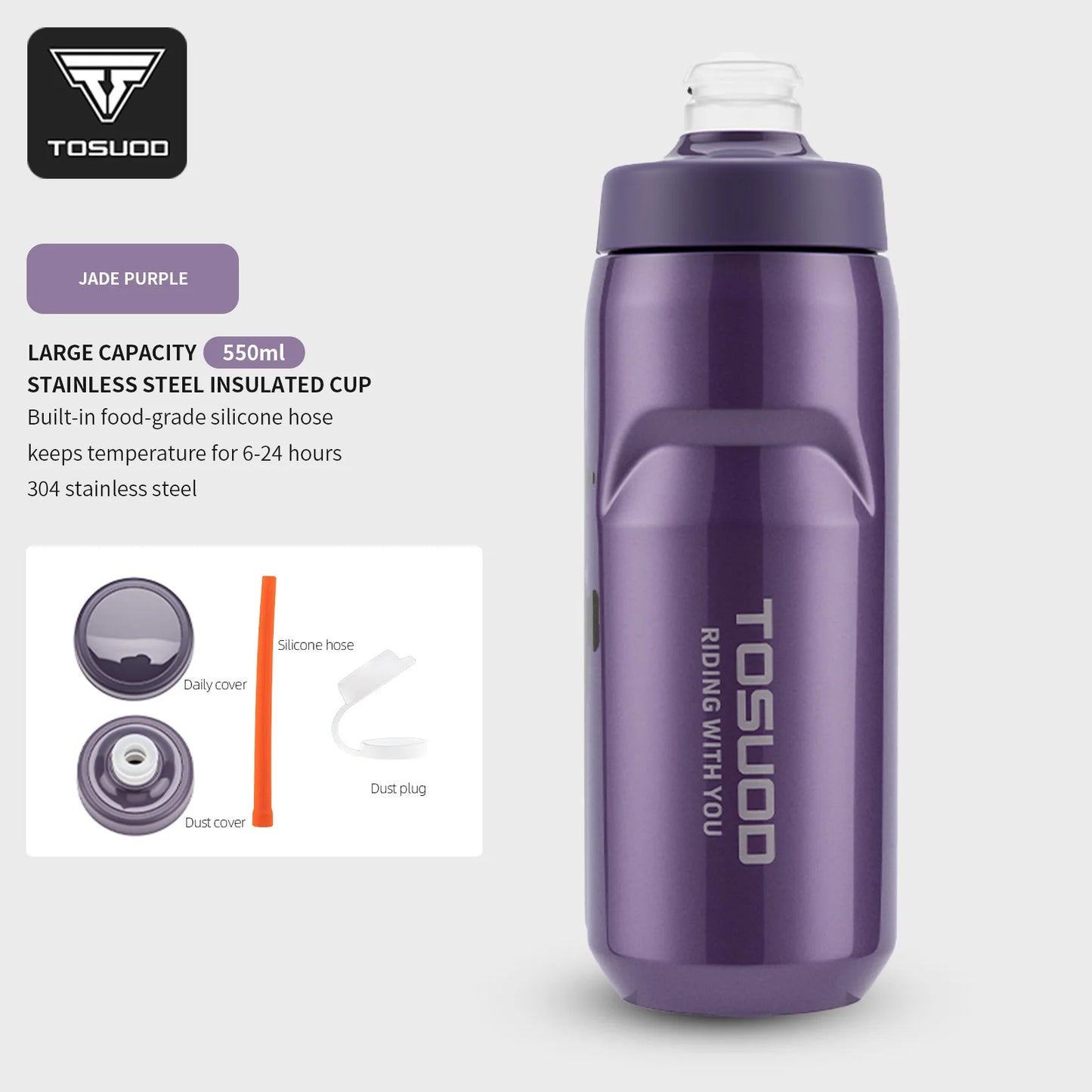 TOSUOD Tazza per acqua isolata in acciaio inossidabile 550ML Bollitore per acqua da ciclismo in acciaio 304 Facile da trasportare Mantieni la bottiglia calda e fredda