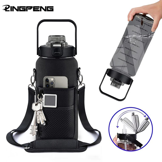 Bottiglia d'acqua da mezzo gallone da 2 litri e 64 once con manica Bottiglia d'acqua motivazionale con cannuccia e indicatore del tempo Brocca d'acqua sportiva a tenuta stagna