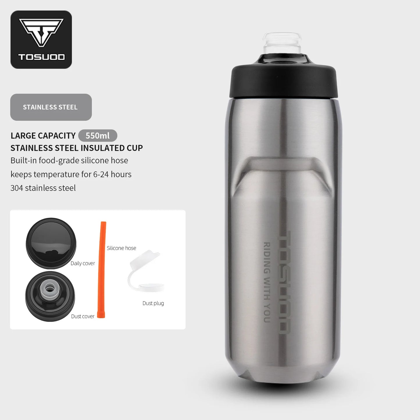 TOSUOD Tazza per acqua isolata in acciaio inossidabile 550ML Bollitore per acqua da ciclismo in acciaio 304 Facile da trasportare Mantieni la bottiglia calda e fredda