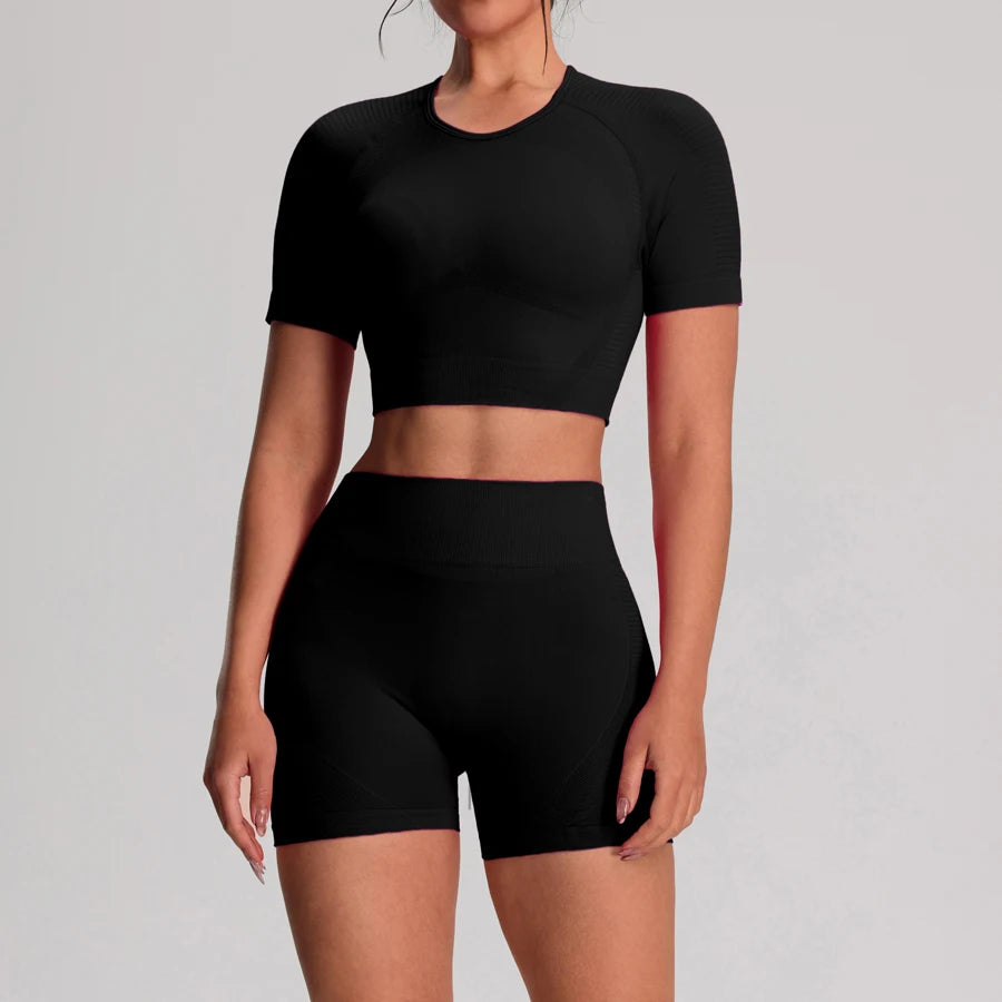 2 pz/set Yoga Sport T-shirt Pantaloncini Set Abbigliamento Sportivo Donna Palestra Senza Soluzione di Continuità Allenamento Maglia Pantaloncini Leggings Activewear Tuta da Donna