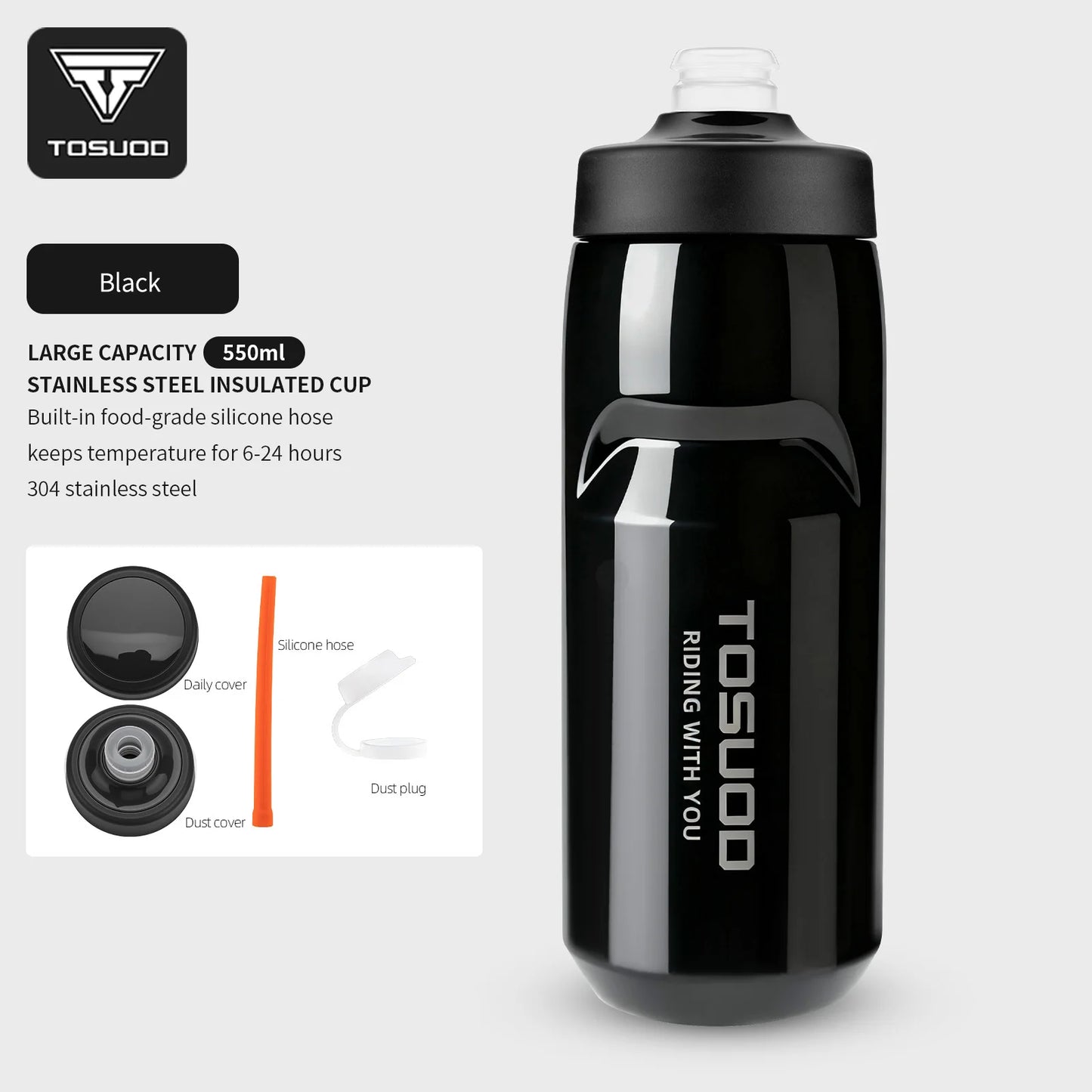 TOSUOD Tazza per acqua isolata in acciaio inossidabile 550ML Bollitore per acqua da ciclismo in acciaio 304 Facile da trasportare Mantieni la bottiglia calda e fredda