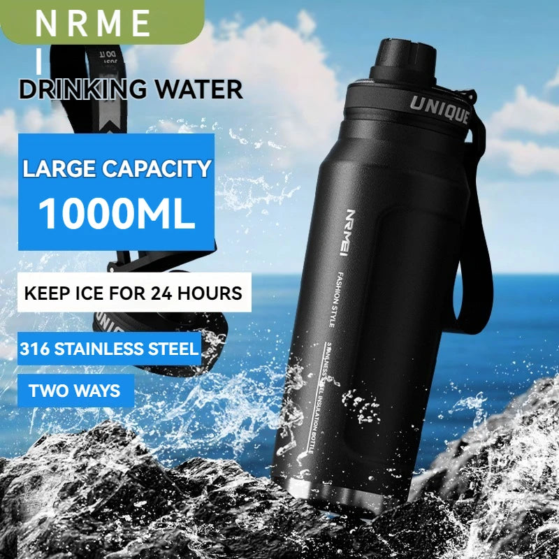 Bottiglia termica in acciaio inossidabile da 1 litro, tazza d'acqua, sport all'aria aperta, con manico, boccette a doppia parete sottovuoto