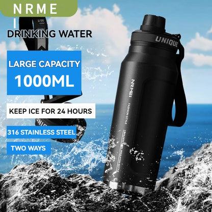 Bottiglia termica in acciaio inossidabile da 1 litro, tazza d'acqua, sport all'aria aperta, con manico, boccette a doppia parete sottovuoto