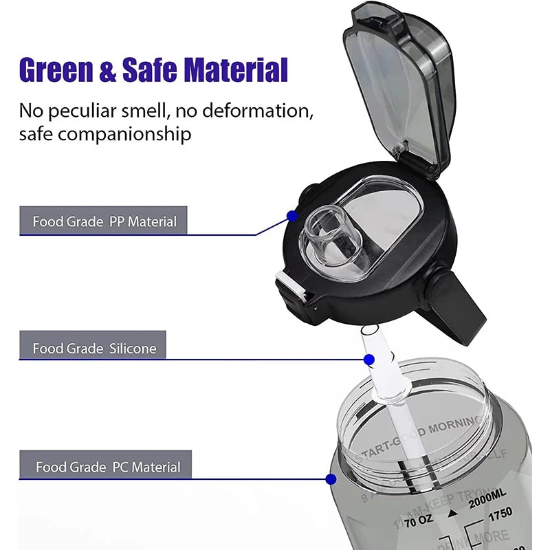 Bottiglia d'acqua da mezzo gallone da 2 litri e 64 once con manica Bottiglia d'acqua motivazionale con cannuccia e indicatore del tempo Brocca d'acqua sportiva a tenuta stagna