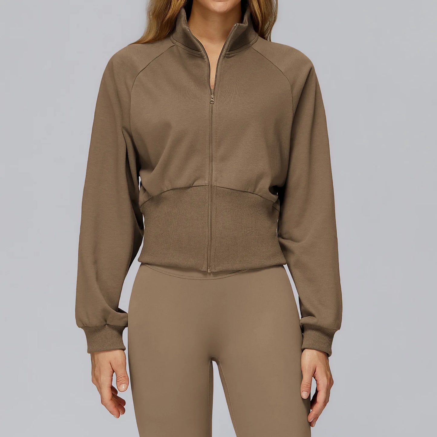 Felpa da yoga invernale da donna a maniche lunghe con colletto in piedi Felpa calda con cerniera antivento Giacca sportiva da corsa all'aperto allentata