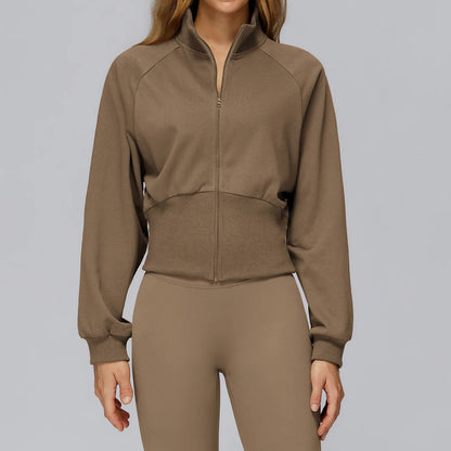 Felpa da yoga invernale da donna a maniche lunghe con colletto in piedi Felpa calda con cerniera antivento Giacca sportiva da corsa all'aperto allentata