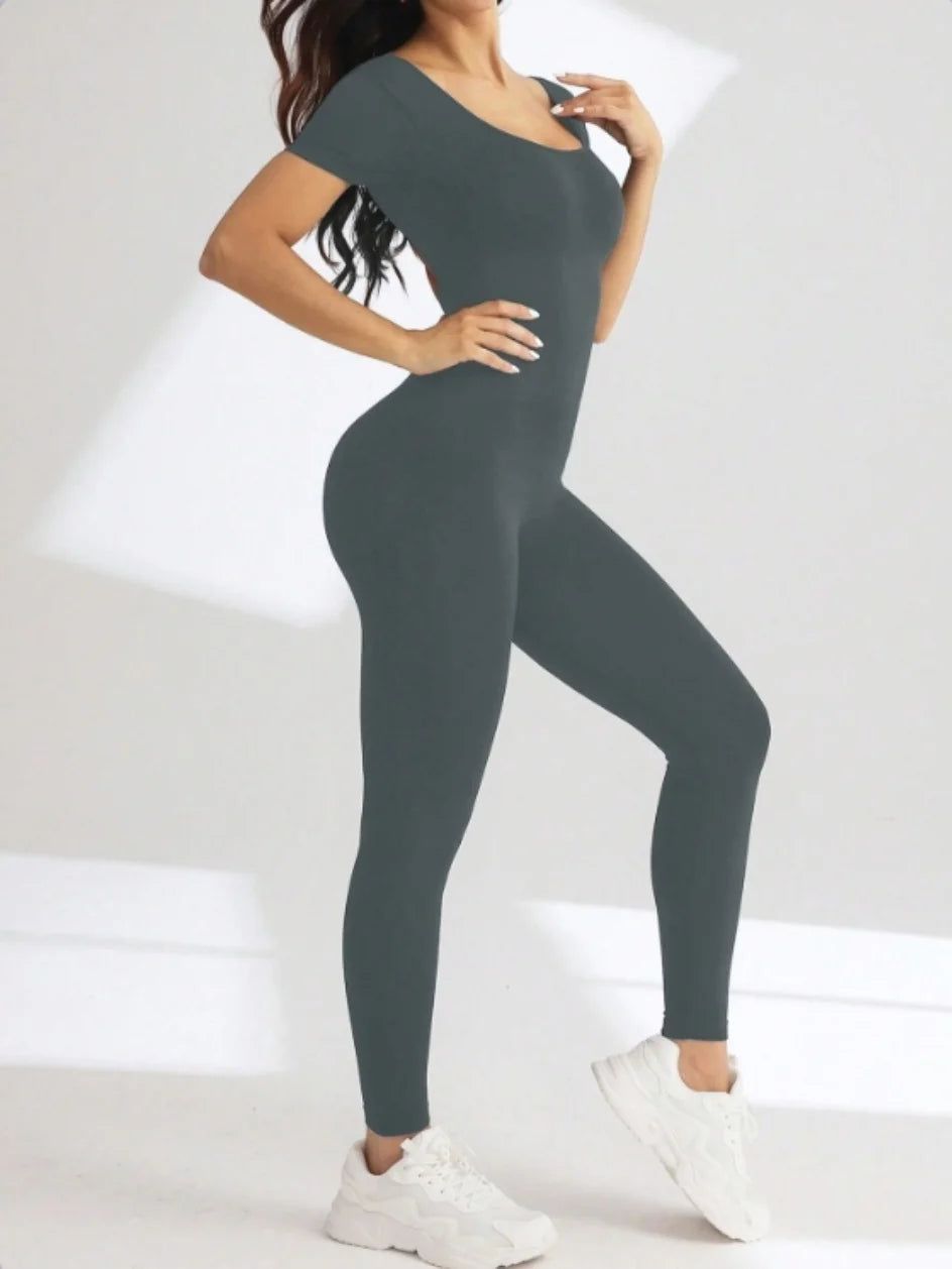 Body interno con maniche tagliate con scollo a U in spandex senza cuciture con sollevamento dei fianchi, abbigliamento da lecture, tuta fitness da donna