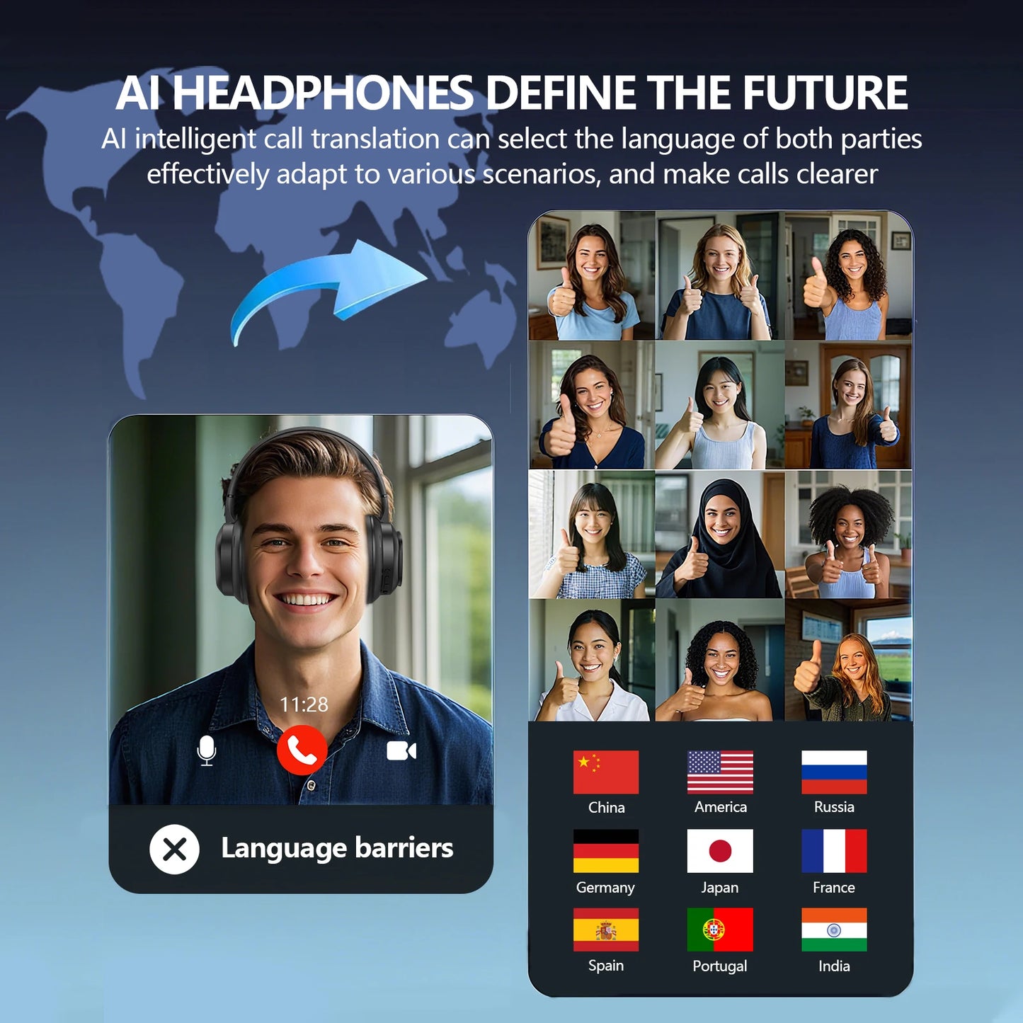 Siindoo Cuffia wireless con touch screen a colori staccabile JH-822Plus Assistente AI Funzione di traduzione chat intelligente BT5.4