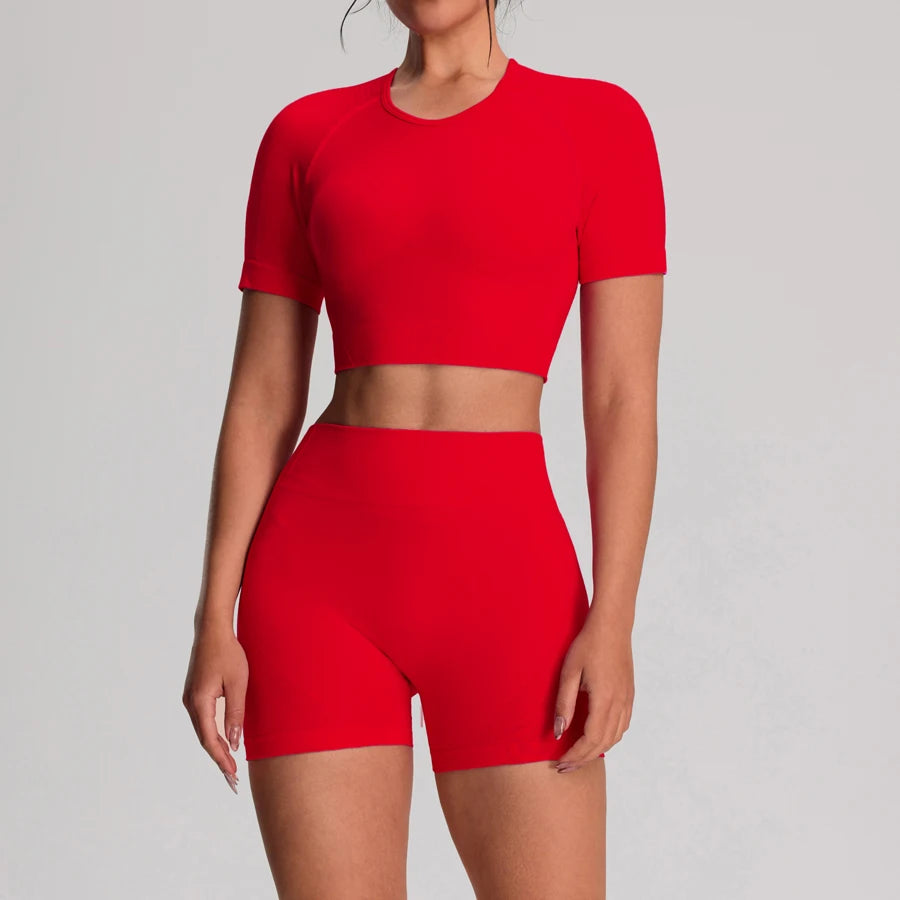 2 pz/set Yoga Sport T-shirt Pantaloncini Set Abbigliamento Sportivo Donna Palestra Senza Soluzione di Continuità Allenamento Maglia Pantaloncini Leggings Activewear Tuta da Donna