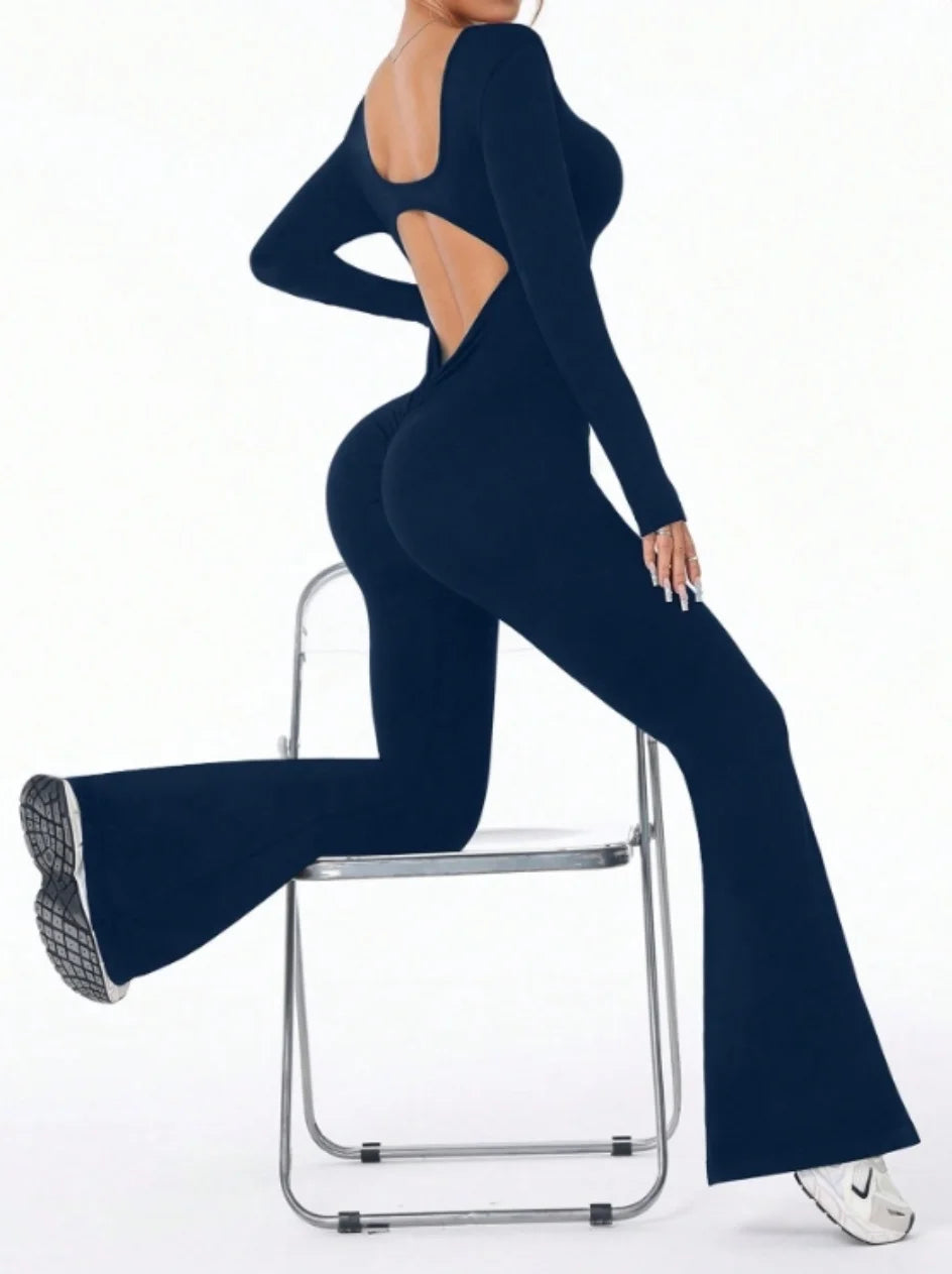 Tuta da allenamento compressa a maniche lunghe in vernice singola di alta qualità, abbigliamento sportivo da donna, pantaloni con fondo a campana, set yoga push up sexy