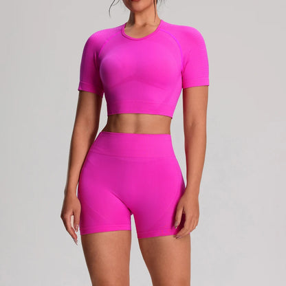 2 pz/set Yoga Sport T-shirt Pantaloncini Set Abbigliamento Sportivo Donna Palestra Senza Soluzione di Continuità Allenamento Maglia Pantaloncini Leggings Activewear Tuta da Donna