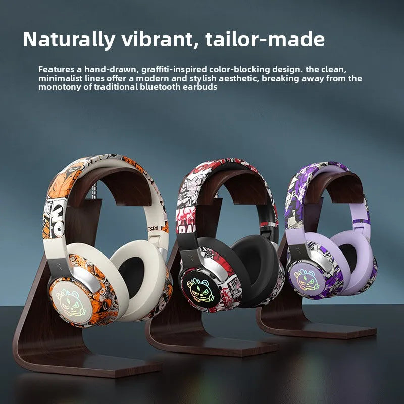 Esplosioni di celebrità online Cuffie alla moda Gioco Bluetooth Graffiti National Tide Cuffie Batteria a lunga durata Wireless. Cuffie