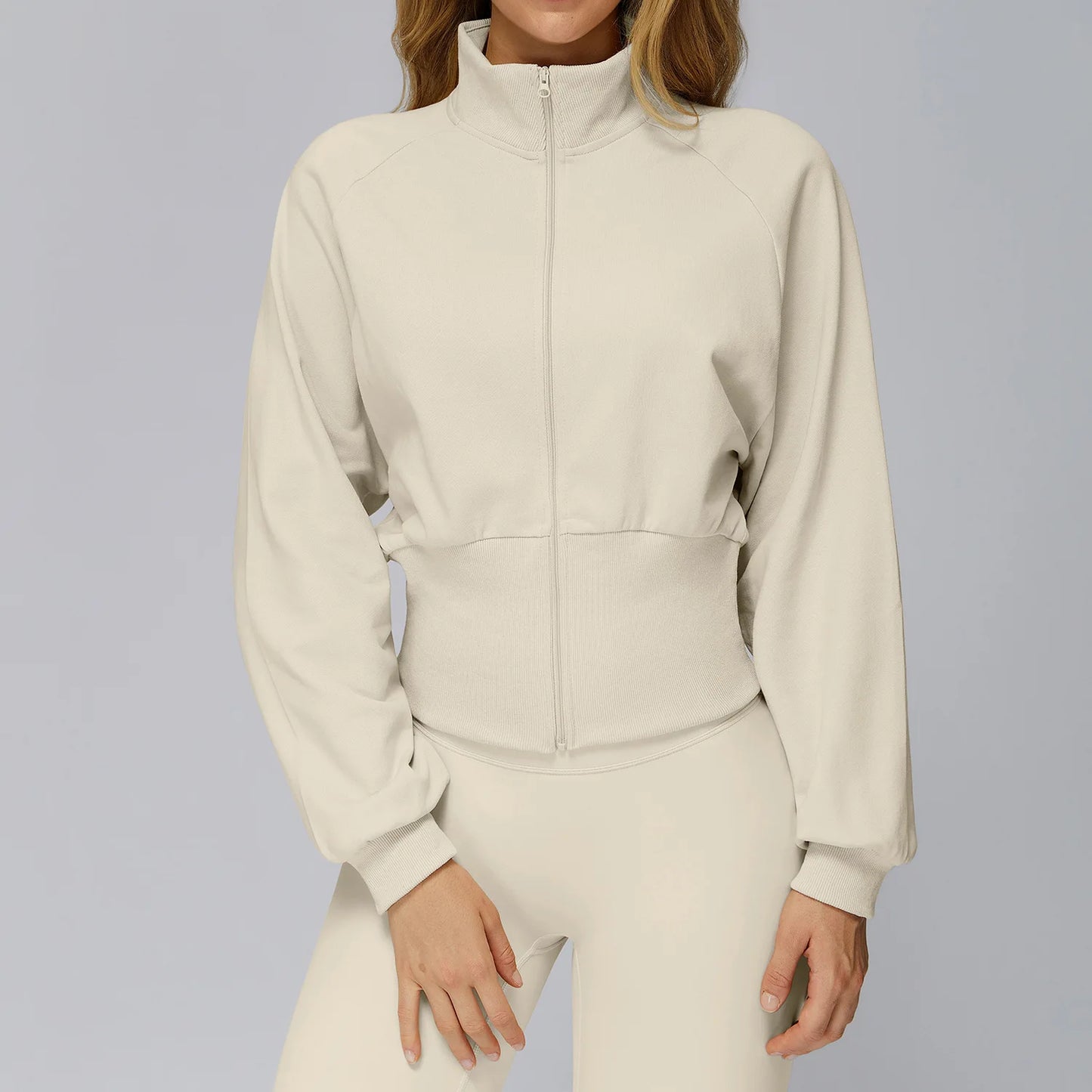 Felpa da yoga invernale da donna a maniche lunghe con colletto in piedi Felpa calda con cerniera antivento Giacca sportiva da corsa all'aperto allentata