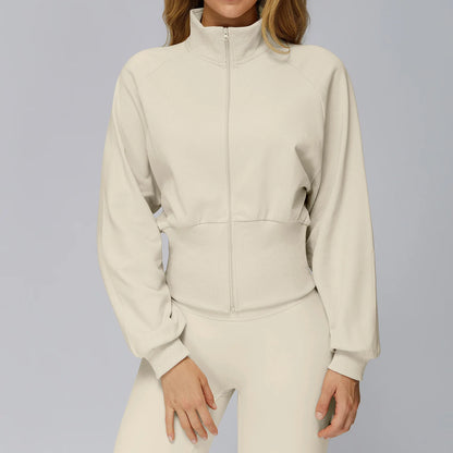 Felpa da yoga invernale da donna a maniche lunghe con colletto in piedi Felpa calda con cerniera antivento Giacca sportiva da corsa all'aperto allentata