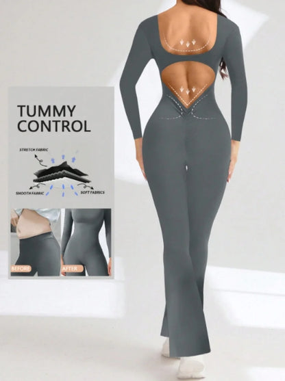 Tuta da allenamento compressa a maniche lunghe in vernice singola di alta qualità, abbigliamento sportivo da donna, pantaloni con fondo a campana, set yoga push up sexy