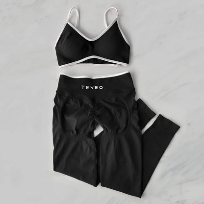 TEVEO 2 Pièces Ensemble De Sport Femme Leggings Vêtements D'Entraînement Ensemble De Soutien-gorge Sans Couture Scrunch Legging