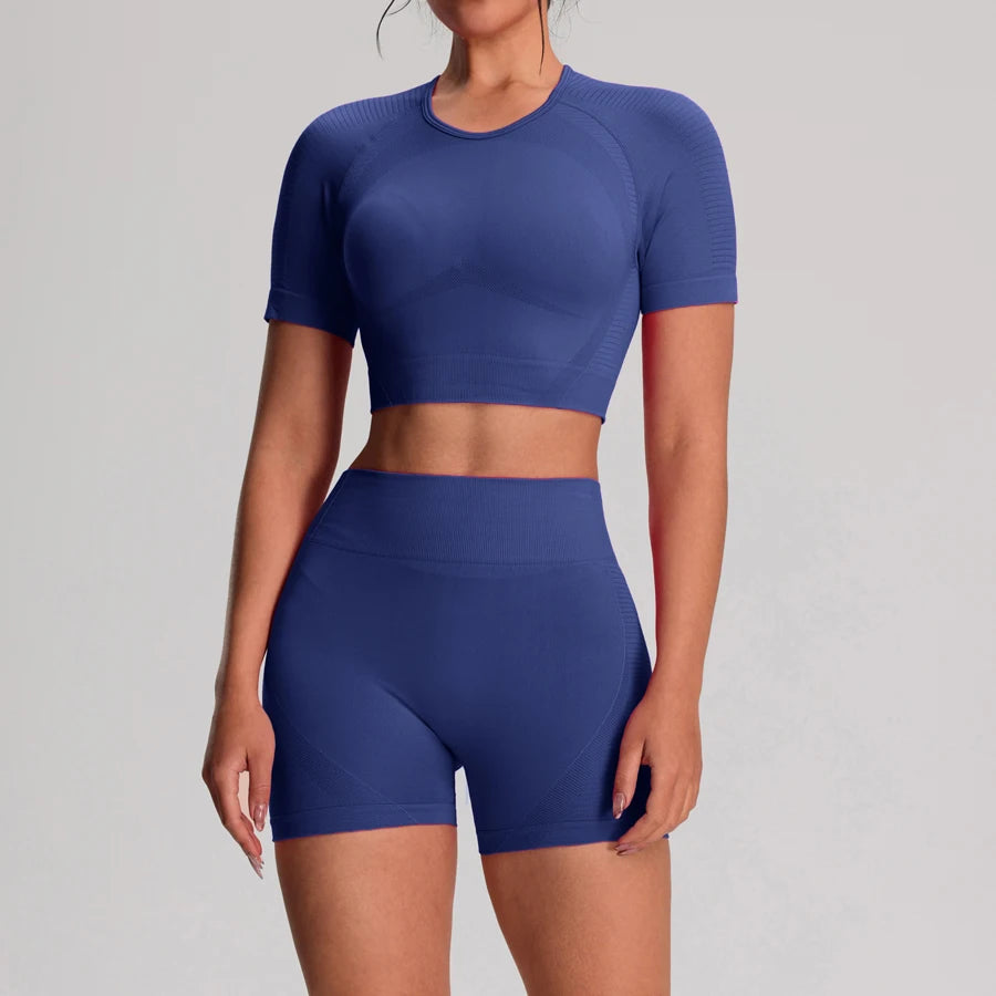 2 pz/set Yoga Sport T-shirt Pantaloncini Set Abbigliamento Sportivo Donna Palestra Senza Soluzione di Continuità Allenamento Maglia Pantaloncini Leggings Activewear Tuta da Donna