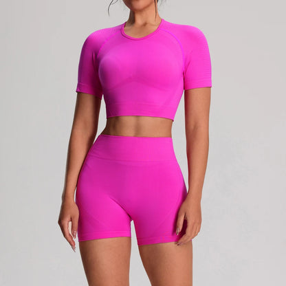 2 pz/set Yoga Sport T-shirt Pantaloncini Set Abbigliamento Sportivo Donna Palestra Senza Soluzione di Continuità Allenamento Maglia Pantaloncini Leggings Activewear Tuta da Donna