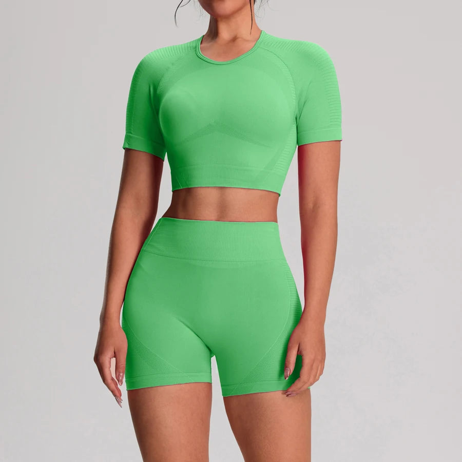 2 pz/set Yoga Sport T-shirt Pantaloncini Set Abbigliamento Sportivo Donna Palestra Senza Soluzione di Continuità Allenamento Maglia Pantaloncini Leggings Activewear Tuta da Donna