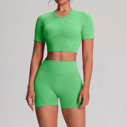 2 pz/set Yoga Sport T-shirt Pantaloncini Set Abbigliamento Sportivo Donna Palestra Senza Soluzione di Continuità Allenamento Maglia Pantaloncini Leggings Activewear Tuta da Donna