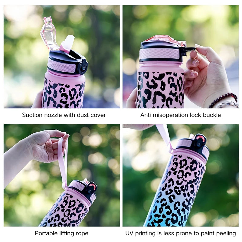 Bottiglia d'acqua sportiva a prova di perdite con tazza di plastica con stampa leopardata da 1 litro di grande capacità Articoli per bevande Bottiglia da palestra portatile da viaggio all'aperto